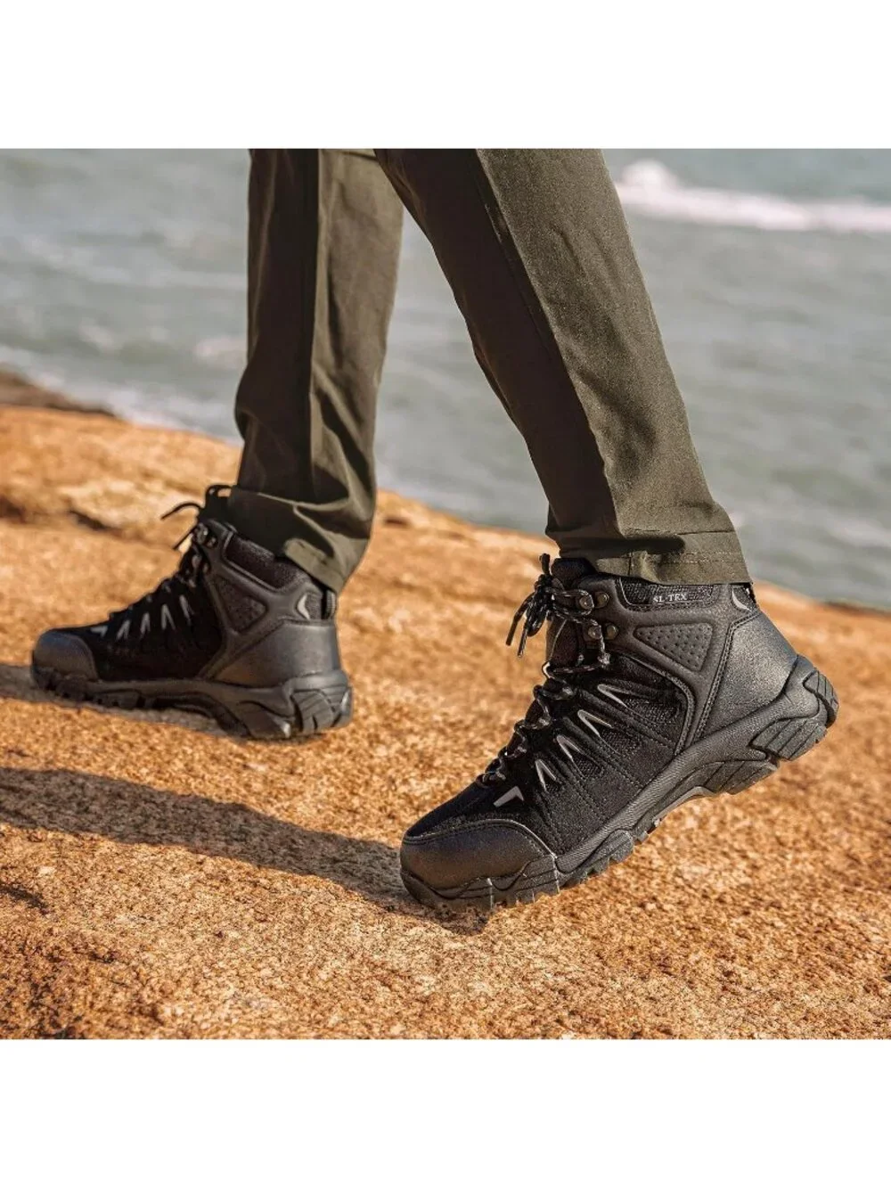 Men's Black Grey Waterproof Shoes Casual Mid Top Round Toe Non Slip Hiking Boots